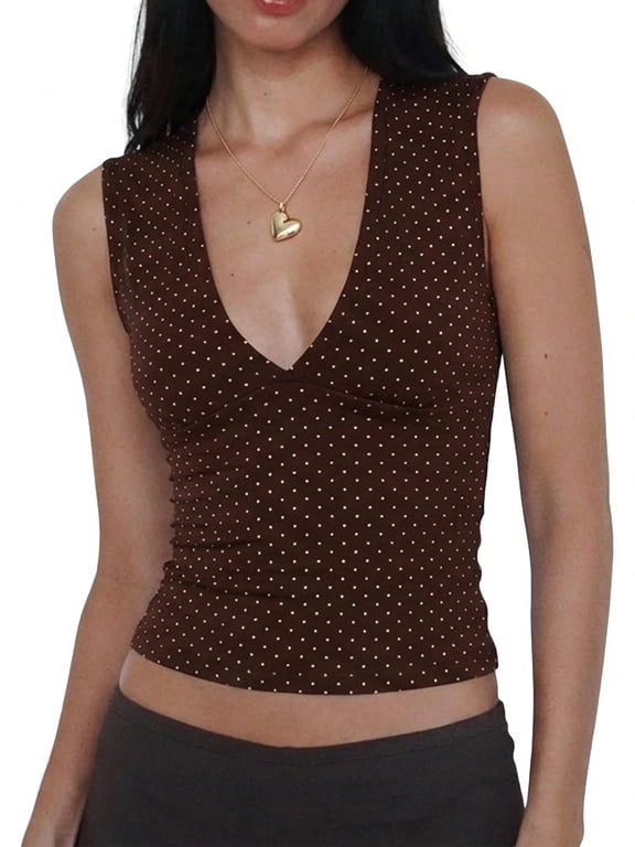 EMMIOL Women's Deep V-Neck Crop Tank Top Stretchy Sleeveless Going Out Top Fall Y2K Style