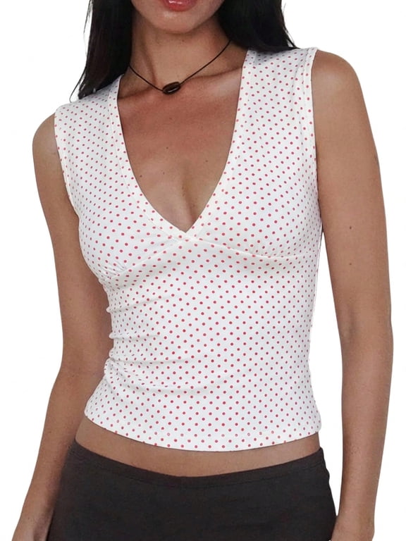 EMMIOL Women's Deep V-Neck Crop Tank Top Stretchy Sleeveless Going Out Top Fall Y2K Style