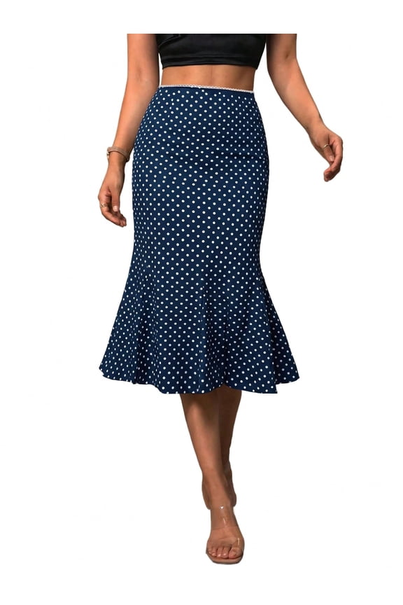 EMMIOLNEW Women's Polka Dot Mermaid Midi Skirt Elastic Mid High Waist Flowy Hem Satin Skirt Retro Y2K Summer Casual Trendy
