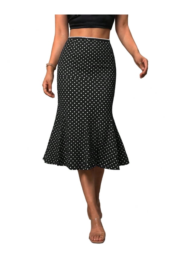 EMMIOLNEW Women's Polka Dot Mermaid Midi Skirt Elastic Mid High Waist Flowy Hem Satin Skirt Retro Y2K Summer Casual Trendy