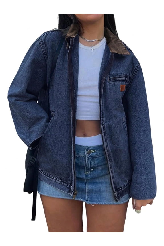 Women's Vintage Washed Denim Jacket Oversized Zipper Front Contrast Collar Jean Jacket with Pockets Casual Y2K Streetwear