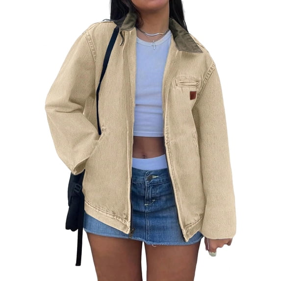 EMMIOL Women's Vintage Washed Denim Jacket Oversized Zipper Front Contrast Collar Jean Jacket with Pockets Casual Y2K Streetwear