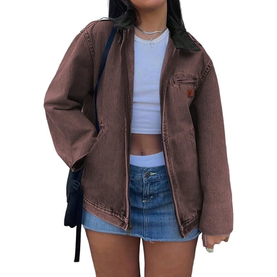 EMMIOL Women's Vintage Washed Denim Jacket Oversized Zipper Front Contrast Collar Jean Jacket with Pockets Casual Y2K Streetwear