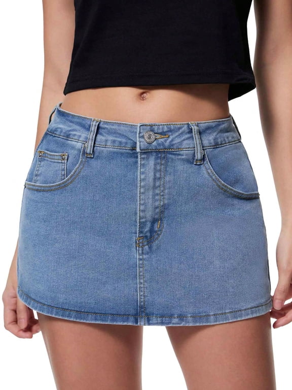 EMMIOL Women's Stretchy Mid-Waist Mini Denim Skort Skirt Y2K Vintage Casual Jean Skirt with Pockets Streetwear 90s Style