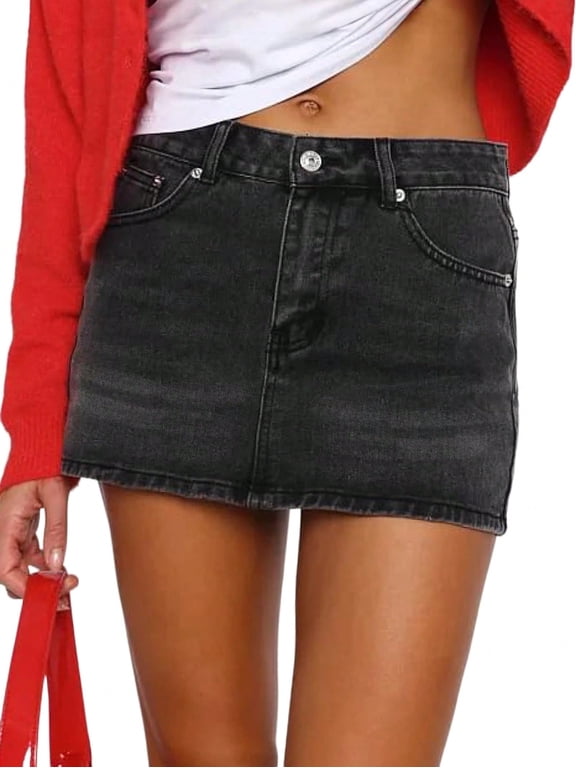EMMIOL Women's Stretchy Mid-Waist Mini Denim Skort Skirt Y2K Vintage Casual Jean Skirt with Pockets Streetwear 90s Style