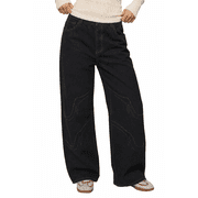 EMMIOL Womens Y2K Vintage High-Waisted Baggy Wide-Leg Jeans Contrast Wave Stitching Washed Denim Pants Streetwear