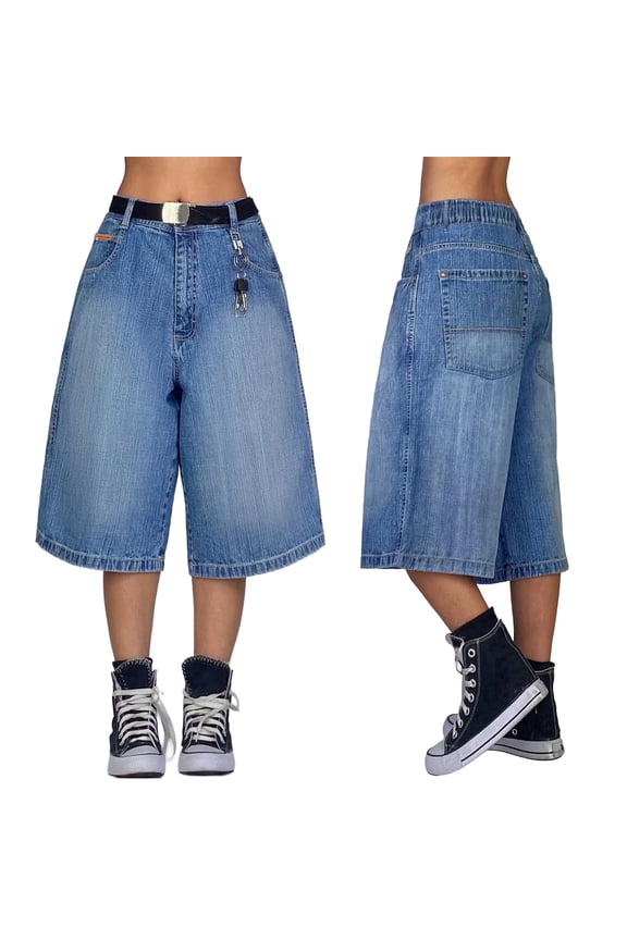 EMMIOLNEW Y2k Baggy Denim Shorts for Women Wide Leg Mid Rise Bermuda Streetwear Boyfriend Shorts with Pockets