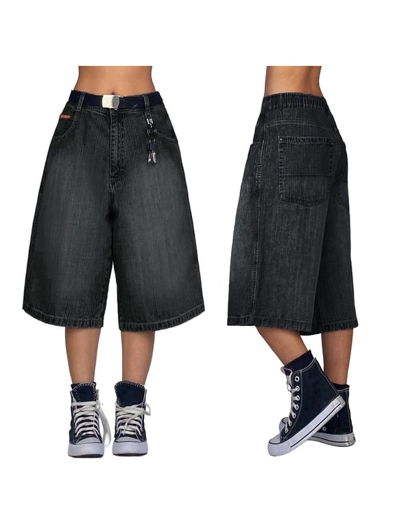 EMMIOL Y2k Baggy Denim Shorts for Women Wide Leg Mid Rise Bermuda Streetwear Boyfriend Shorts with Pockets