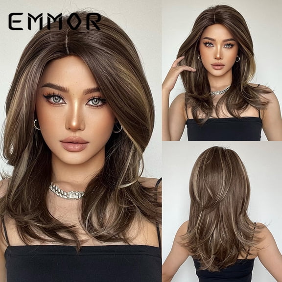 EMMOR Amazon New Gradient Side Part French Bangs Slightly Curly Medium-Length Synthetic Wig Full Head