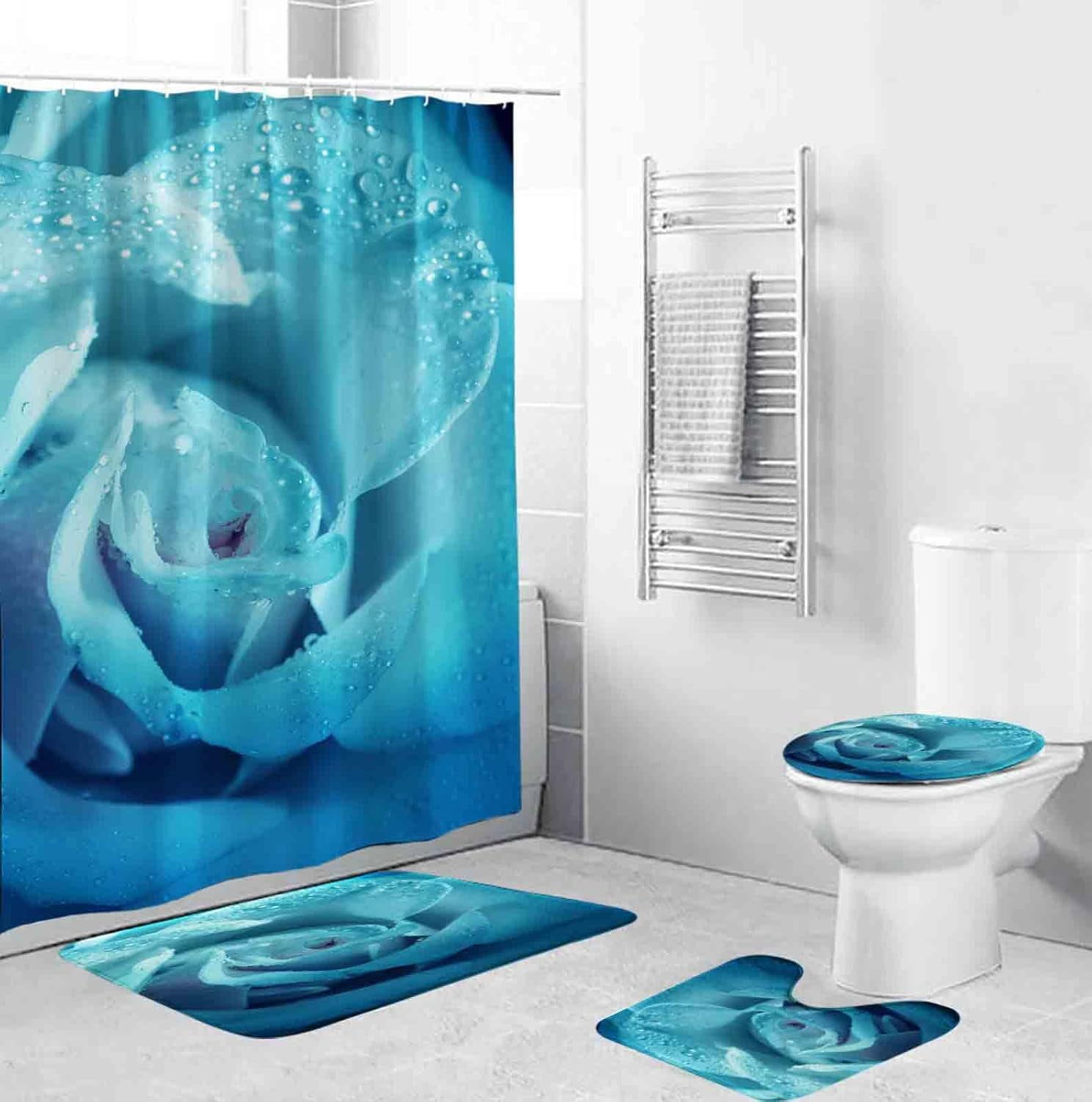 EMMTEEY 4 Pcs Shower Curtain Sets with Rugs Luxurious Navy Blue Marble