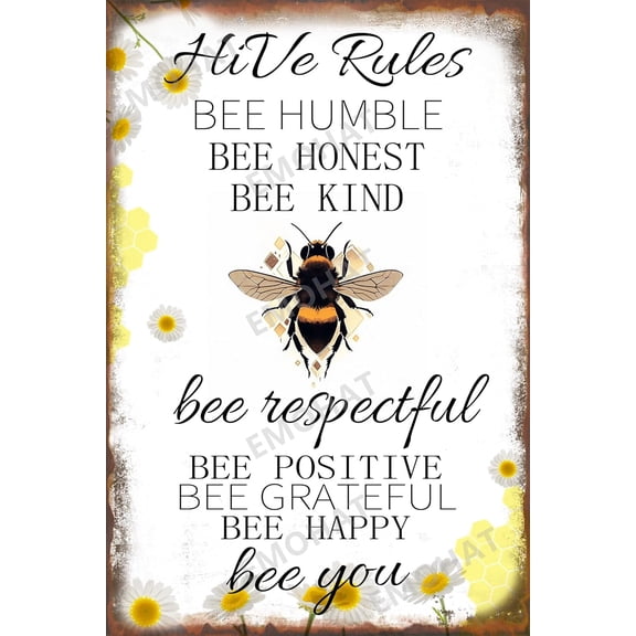 EMOHAT Bee Metal Tin Sign Hive Rules Wall Art Bee Garden Posters Wall Decoration for Backyard Garden Farmhouse Home House Yard 8x12 Inch