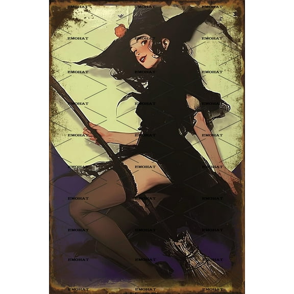 EMOHAT Wicked Witch Halloween Tin Sign Broom Witch Funny Witchery Wall Decor Art Aluminium Iron Painting Home Decor Bedroom Kitchen Bar Restaurant Rustic Poster Witches Metal Sign 8x12 Inch