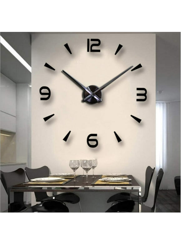 EMOKING 3D DIY Wall Clock Mordern Design Mirror Surface Home Decor Murale Horloge (Black)
