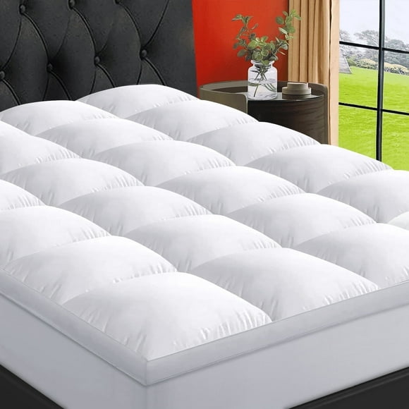 EMONIA 100% 400TC Mattress Topper Queen for Back Pain, Extra Thick Cooling Mattress Pad, Mattress Protector Pillow Top Mattress Cover with 8-21" Deep Elastic Pocket, Plush Soft Down (White, Queen)
