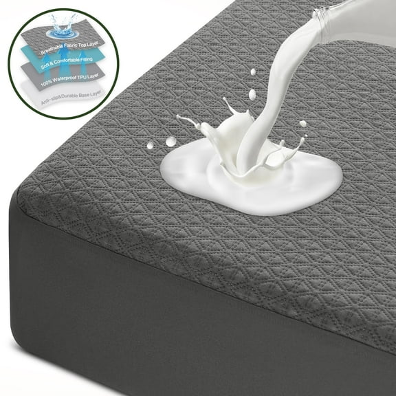 EMONIA 4 Layer King Size Quilted Fitted Mattress Pad Cover, 100% Waterproof Mattress Protector, Deep Pocket Fitted 8" - 21", Breathable & Noiseless, Soft and Comfortable (78" x 80", Dark Gray)