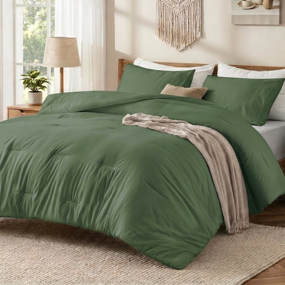 EMONIA 3-Piece Queen Comforter Set,Soft & Cozy Washed Brushed Micro-Poly Down Alternative Bedding Set,Lightweight Fluffy Reversible Bed in a Bag,Dark Green