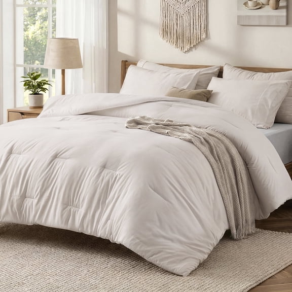 EMONIA 3-Piece Queen Comforter Set,Soft & Cozy Washed Brushed Micro-Poly Down Alternative Bedding Set,Lightweight Fluffy Reversible Bed in a Bag,Beige