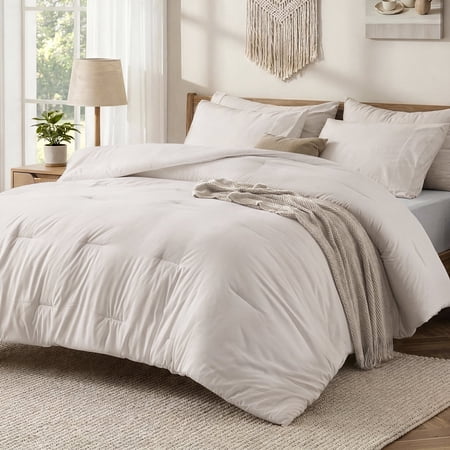 EMONIA 3-Piece Queen Comforter Set,Soft & Cozy Washed Brushed Micro-Poly Down Alternative Bedding Set,Lightweight Fluffy Reversible Bed in a Bag,Beige