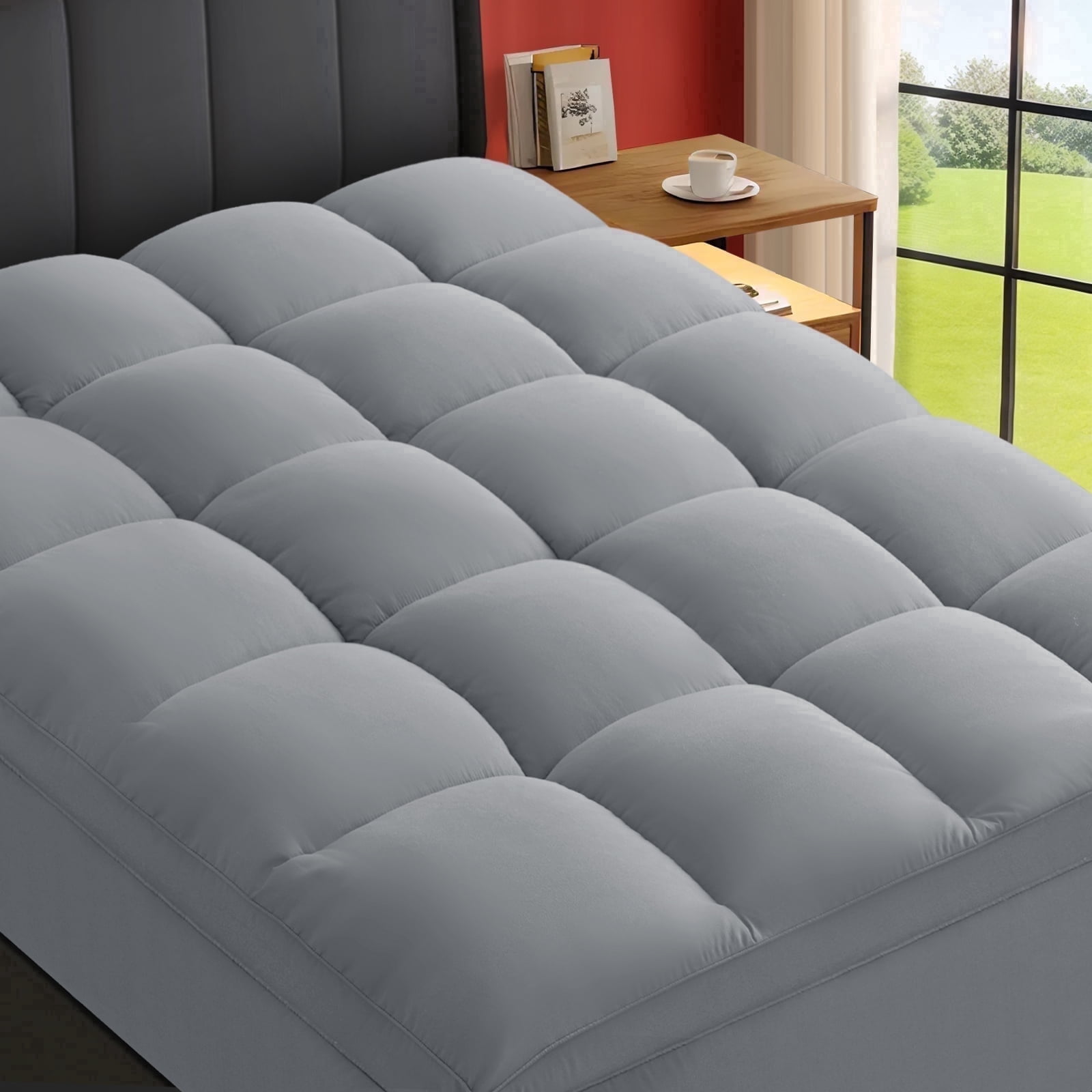 EMONIA 100% 400TC Mattress Topper Cal King for Back Pain Relief,900GSM Pillow Top Mattress Pad, Cooling Mattress Cover w8-21" Deep Elastic Pocket, ultra-soft Noiseless Washable (Light Gray,CalKing)