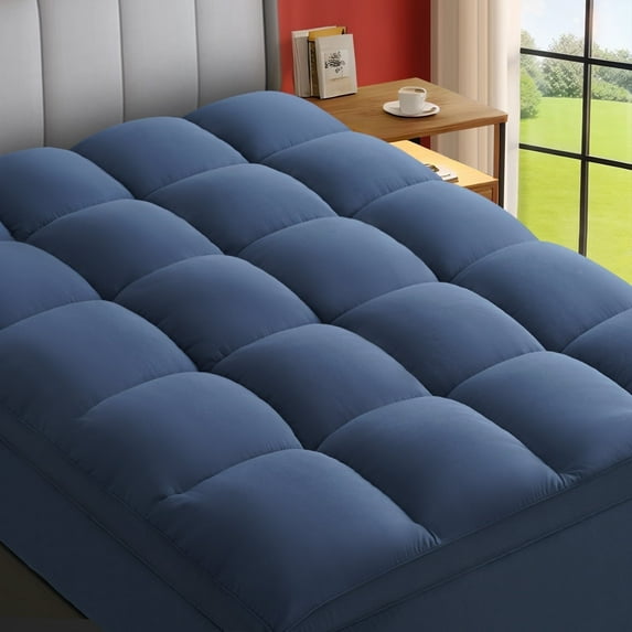 EMONIA 100% 400TC Mattress Topper Queen for Back Pain, 900G Mattress Pad Pillow Top, Quilted Fitted Mattress Protector Cover with 8-21" Deep Elastic Pocket, Soft Comfort Breathable (Dark Blue, Queen)