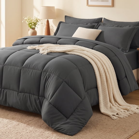 EMONIA 7-Piece Queen All Season Comforter Set Bed in a Bag,Soft Brushed Micro-Poly Down Alternative Bedding Set,14-Inch Deep Pocket,Dark Gray