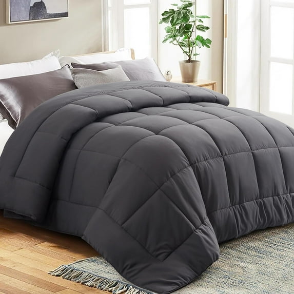 EMONIA All Season Grey Down Alternative Comforter Queen Size, Fluffy Washable Duvet Insert Quilt, Dark Grey, Queen, 88x88 inches