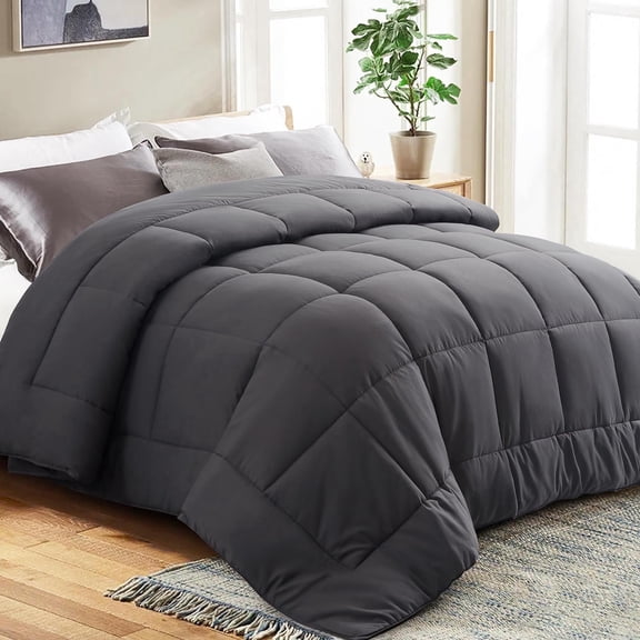 EMONIA Luxury 300GSM Comforter Duvet Insert, Quilted Comforter Queen Size with Corner Tabs, Box Stitched Down Alternative, Cooling Soft Skin-friendly Breathable Bedding Comforters (Dark Grey,Queen)