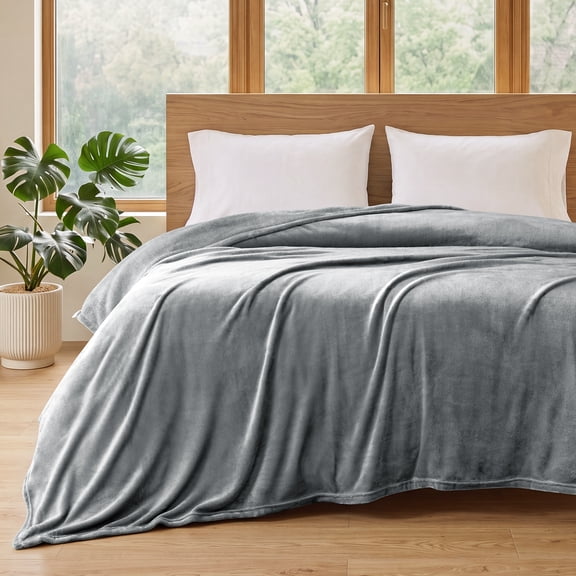 EMONIA Fleece Bed Blanket Queen Size, Soft Cozy Blanket, Lightweight Flannel Blanket for Bed, Sofa, Couch, All-Season Home Decor Gift for Men & Women, Grey, 90x90 Inches