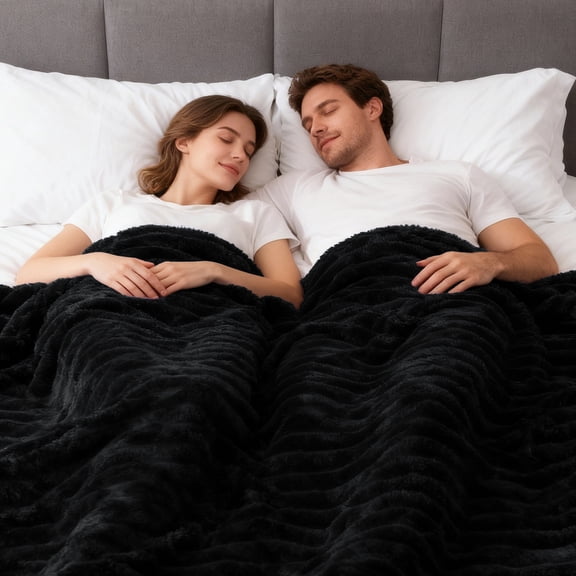 EMONIA Black King Fleece Blanket for Bed, 320GSM Super Soft Cozy Blankets and Throws, Decorative Throw Blankets for Women Men Gifts, Throws with Stripes for Sofa Bed Decor, 108''x90''