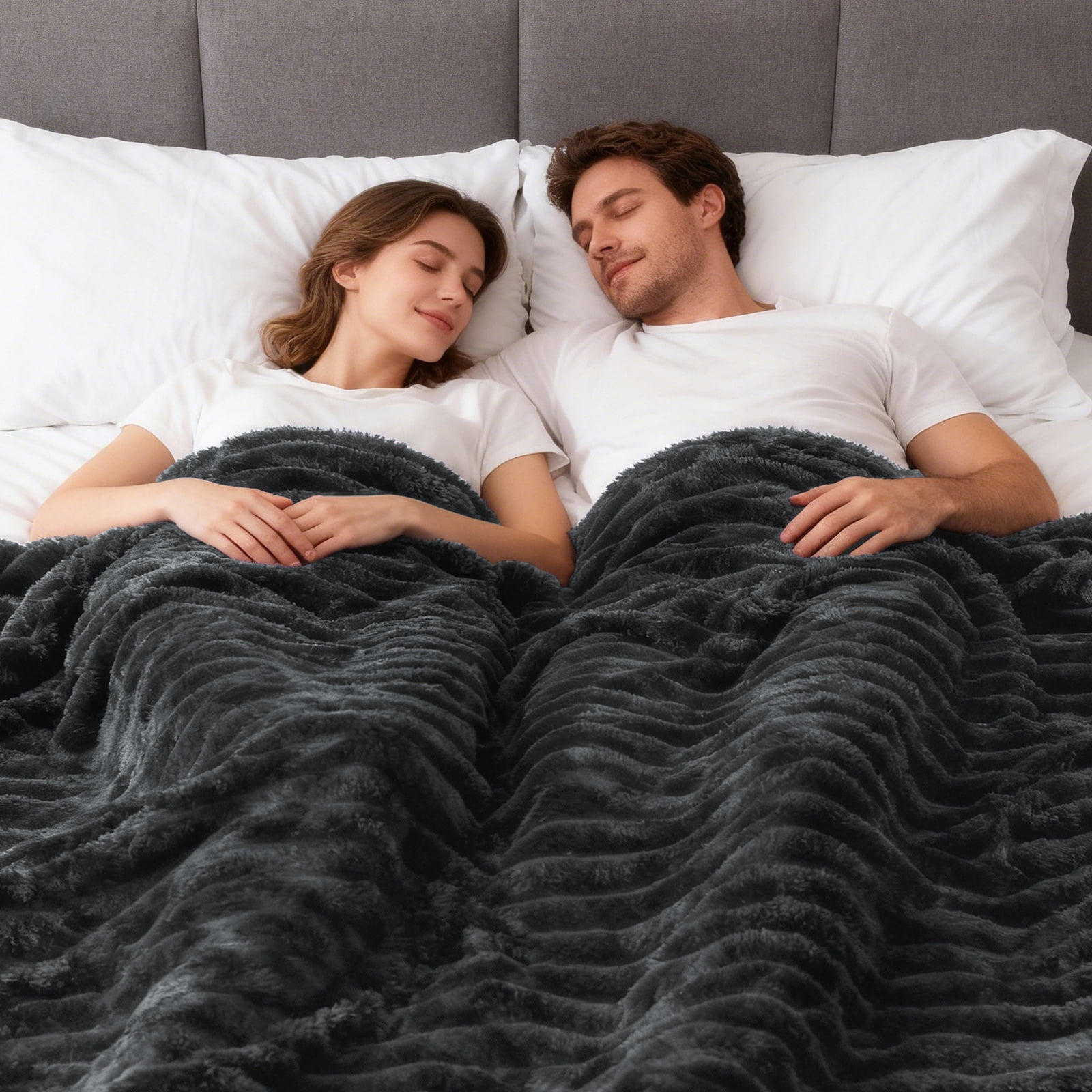 EMONIA Dark Gray Queen Fleece Blanket for Bed, 320GSM Super Soft Cozy Blankets and Throws, Decorative Throw Blankets for Women Men Gifts, Throws with Stripes for Sofa Bed Decor, 90''x90''