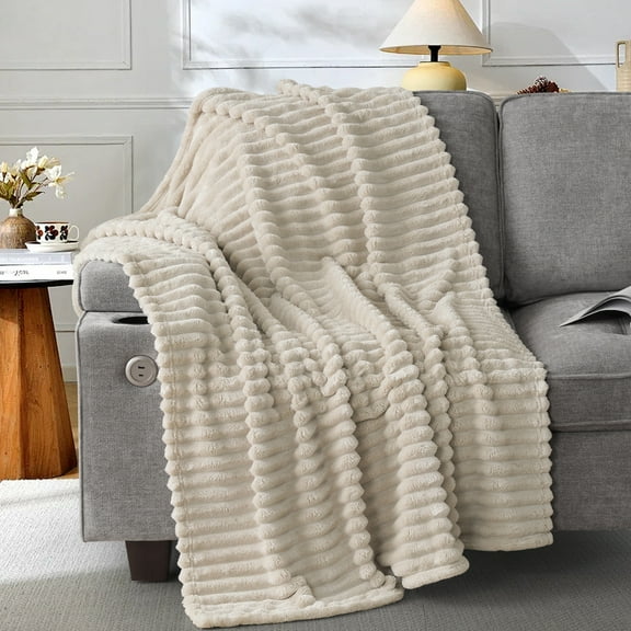 EMONIA Linen Fleece Throw Blanket for Couch, 320GSM Super Soft Cozy Blankets and Throws, Decorative Fleece Blankets for Women Men Gifts, Throws with Stripes for Sofa Bed Decor, 50''x60''