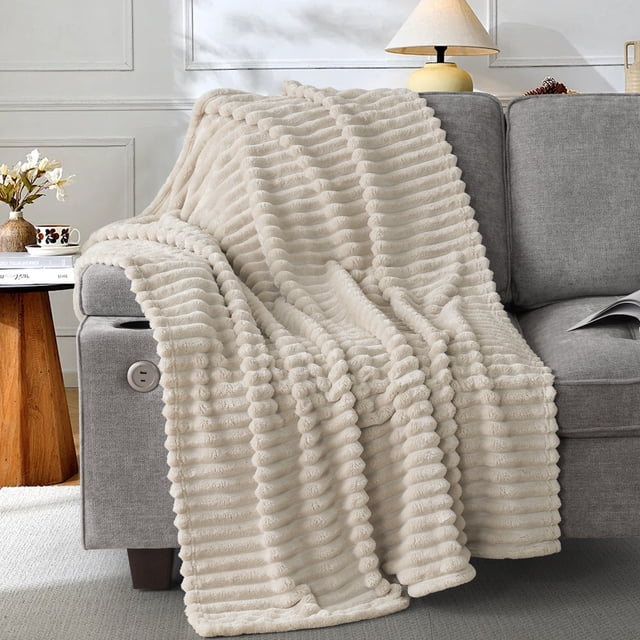 EMONIA Linen Twin Blanket for Bed, 320GSM Super Soft Cozy Blankets and Throws, Decorative Throw Blankets for Women Men Gifts, Throws with Stripes for Sofa Bed Decor, 80''x60''