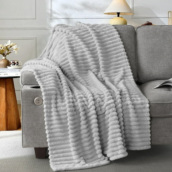 EMONIA Light Gray Fleece Throw Blanket for Couch, 320GSM Super Soft Cozy Blankets and Throws, Decorative Fleece Blankets for Women Men Gifts, Throws with Stripes for Sofa Bed Decor, 50''x60''