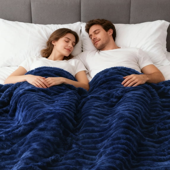 EMONIA Blue Queen Fleece Blanket for Bed, 320GSM Super Soft Cozy Blankets and Throws, Decorative Throw Blankets for Women Men Gifts, Throws with Stripes for Sofa Bed Decor, 90''x90''