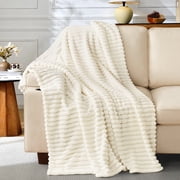 EMONIA White Fleece Throw Blanket for Couch, 320GSM Super Soft Cozy Blankets and Throws, Decorative Fleece Blankets for Women Men Gifts, Throws with Stripes for
