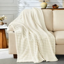 EMONIA White Fleece Throw Blanket for Couch, 320GSM Super Soft Cozy Blankets and Throws, Decorative Fleece Blankets for Women Men Gifts, Throws with Stripes for Sofa Bed Decor, 50''x60''