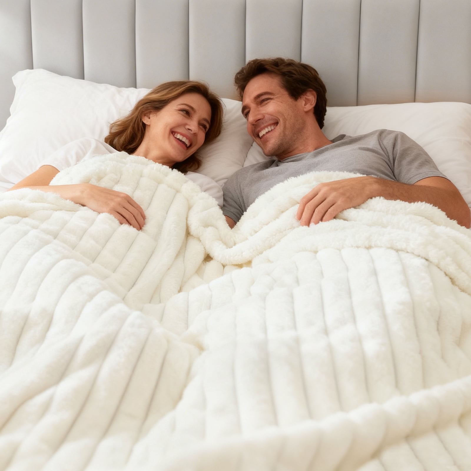 EMONIA White Queen Fleece Blanket for Bed, 320GSM Super Soft Cozy Blankets and Throws, Decorative Throw Blankets for Women Men Gifts, Throws with Stripes for Sofa Bed Decor, 90''x90''