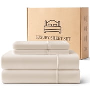 EMONIA Queen Bed Sheet Set 4-Piece with 14" Deep Pocket, Hotel Luxury Super Soft & Breathable Polyester Washed Cotton Fabric (Beige)