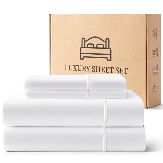 EMONIA Queen Bed Sheet Set 4-Piece with 14" Deep Pocket, Hotel Luxury Super Soft & Breathable Polyester Washed Cotton Fabric (White)