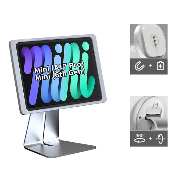 EMONITA Magnetic iPad Charging Stand Case for iPad Mini (6th Gen/ A17 Pro) with L-Shape Dock & 18W Fast Charging - Silver