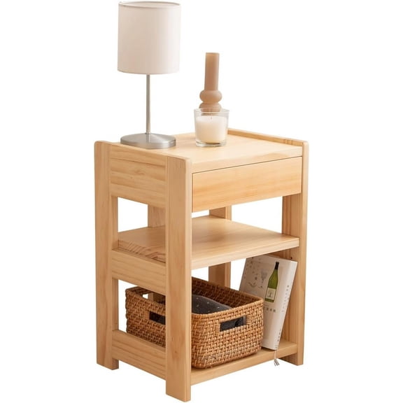 EMOOR Bed Side Table with Drawer Height-Adjustable Open Shelf Solid Finnish Pine Natural, Already Assembled Night Stand End Table Bedside Nightstand Bedroom Living Room