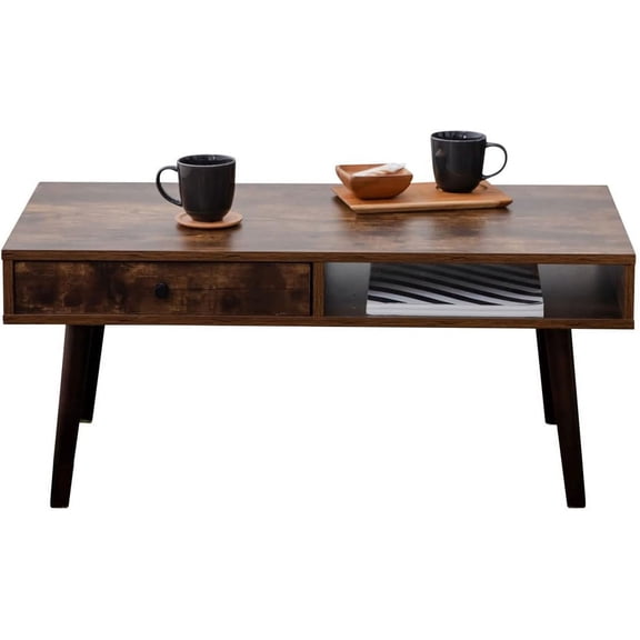 EMOOR Wooden Small Coffee Table with Storage Rectangle Medium (35.4"x17.7") Rustic Brown, Floor Sitting Low Table Small Space Minimalist Japanese Tatami Room