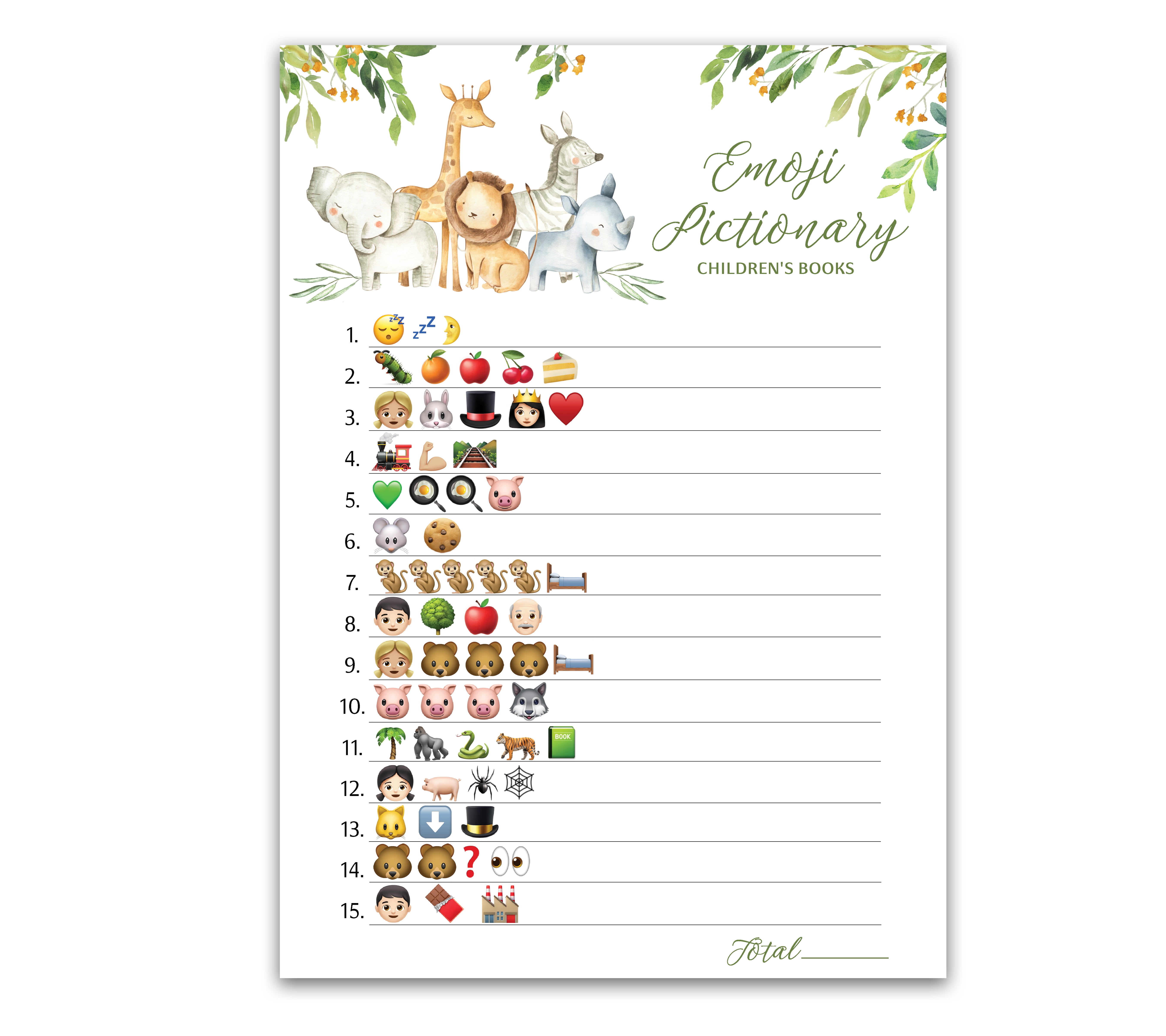 EMOTICON Safari Animals Pictionary Baby Shower Game Gender Neutral Pack ...