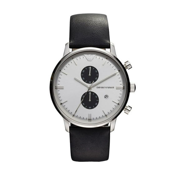 emporio armani men watch ar0385 chronograph silver steel black leather band