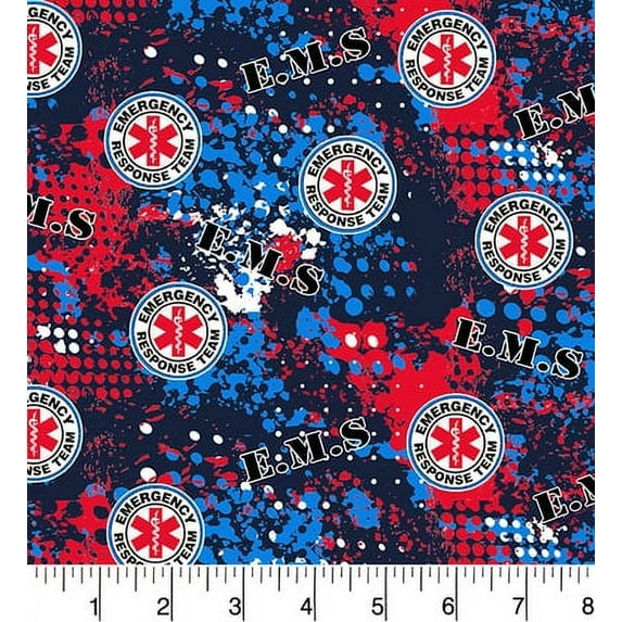 Cotton Rescue Abstract Logos E.M.S Emergency Response Team Medical Red Blue Officially Licensed by Sykel Enterprises Multicolor Cotton Fabric Print by the Yard (1180RES)
