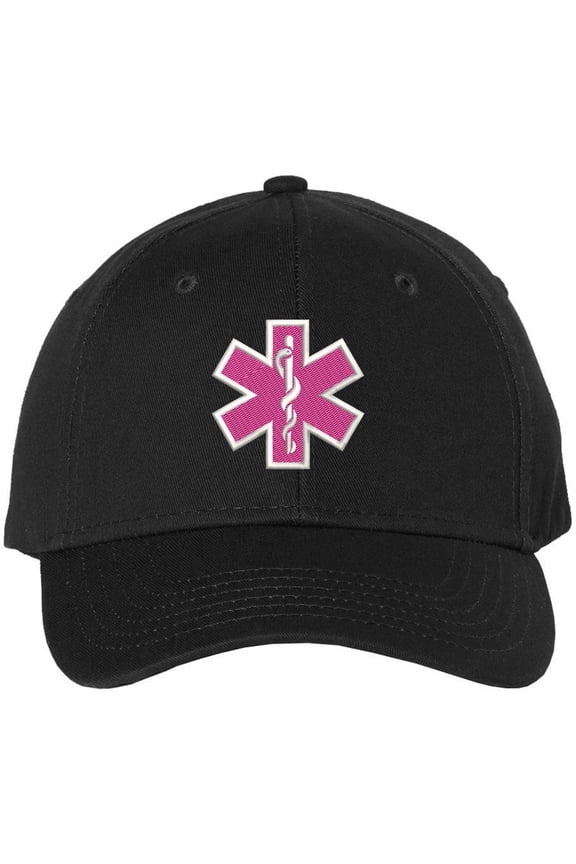EMS EMT Emergency Medical Star of Life Embroidered Adjustable 100% Cotton Unisex Baseball Cap Hat (Black/Pink)