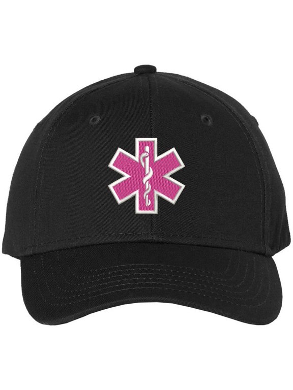 EMS EMT Emergency Medical Star of Life Embroidered Adjustable 100% Cotton Unisex Baseball Cap Hat (Black/Pink)