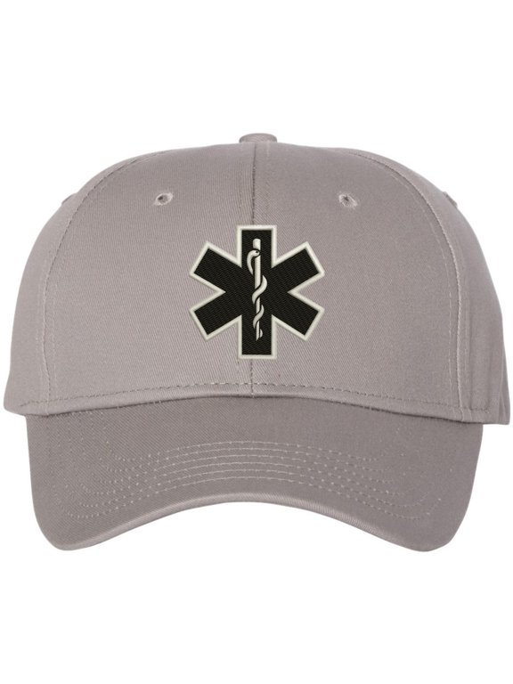EMS EMT Emergency Medical Star of Life Embroidered Adjustable 100% Cotton Unisex Baseball Cap Hat (Grey/Black)