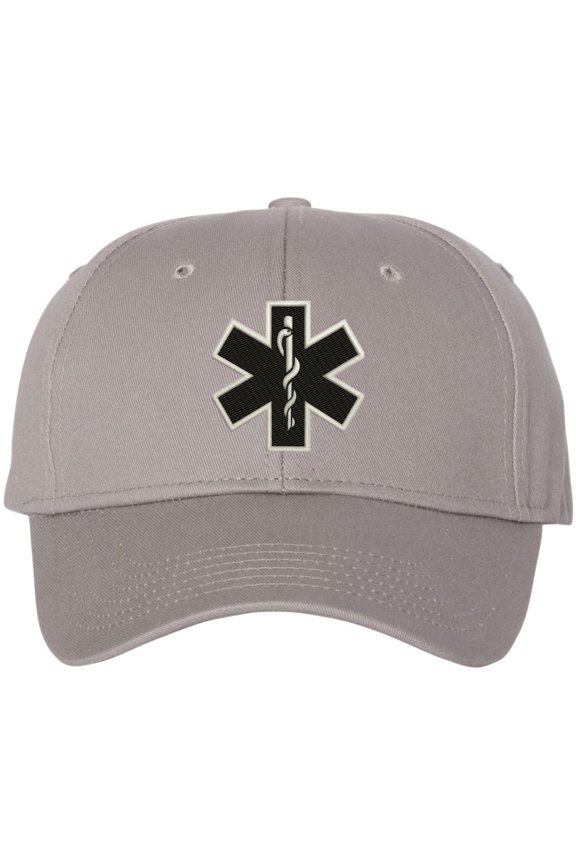 EMS EMT Emergency Medical Star of Life Embroidered Adjustable 100% Cotton Unisex Baseball Cap Hat (Grey/Black)