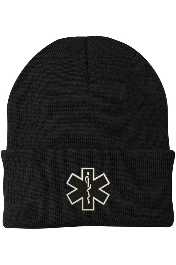 EMS EMT Emergency Medical Star of Life Embroidered Knit Winter Acrylic Unisex Watch Cap Hat (Black/Black)